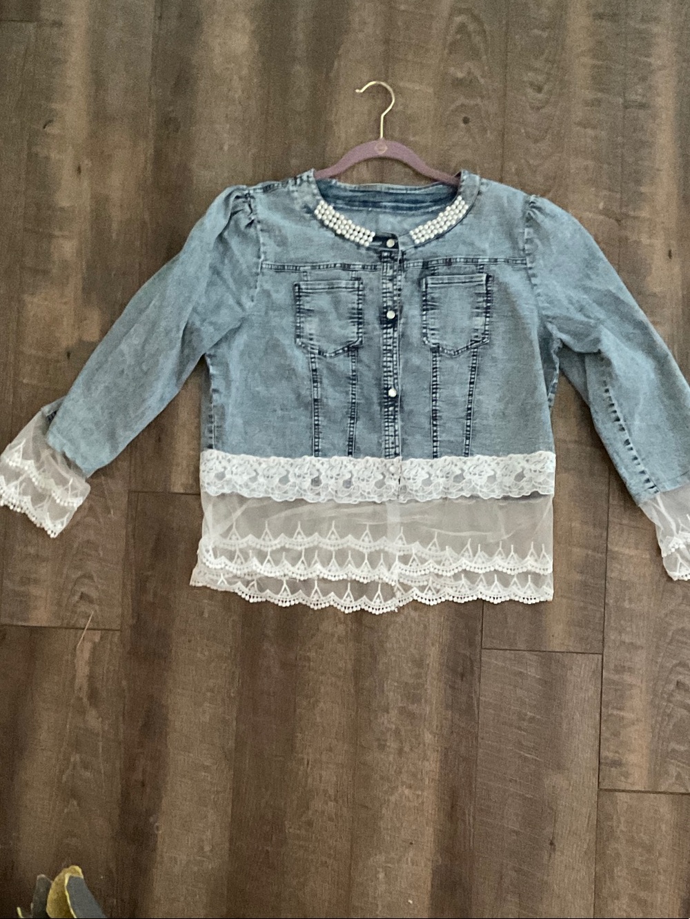 Women’s Light Blue Denim Jacket with Lace Trim and Pearl Neckline
